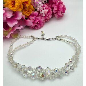 Vintage Double Strand Aurora Borealis Crystal Necklace Graduated Beads 16"